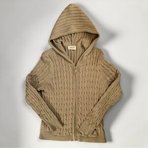 St Johns Bay Hooded Cable Knit Zip-Up Cardigan Sweater in Beige/Tan Size L